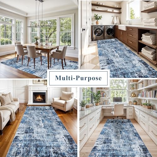 4x10 ft Extra Wide Hallway Rug – Non-Slip Washable Rubber-Backed Large Carpet Runner for Kitchen, Entryway | Modern Abstract, Low-Pile Thin Floor Mat for Bedroom Living Room Dining Room（Navy Blue） - Image 4