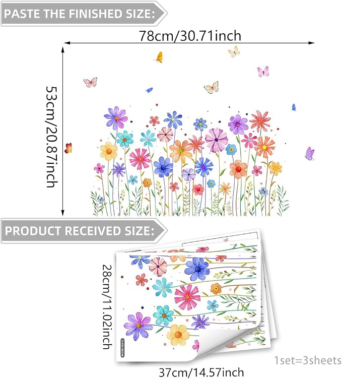 3 Pieces Colorful Flowers Wall Decals Vinyl Colorful Flowers Wall Stickers Removable Floral Art Murals Peel and Stick Decor for Girls Bedroom Living Room Nursery - Image 2