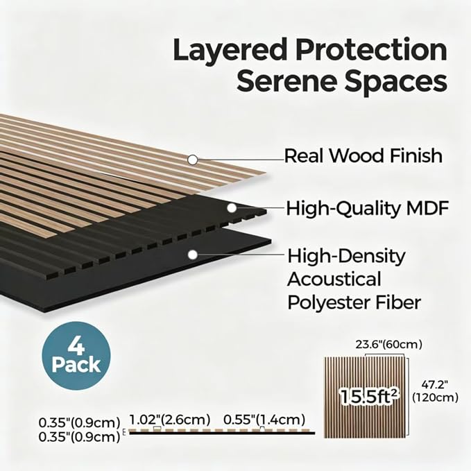AKUMAX Wood Slat Acoustic Wall Panels, 4 Pack 24 x 48 in Each, 31 ft², NRC 0.80 Sound Absorbing 3D Slat Wall Paneling with Real Wood Veneer, E0 MDF and PET Felt, Walnut - Image 4
