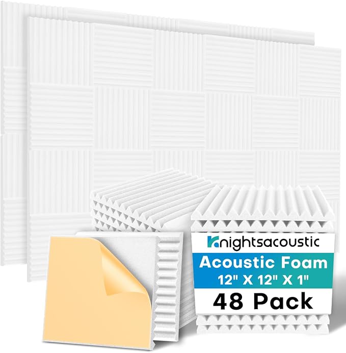 48 Pack Sound Proof Foam Panels for Walls with Self Adhesive, 12x12x1 Acoustic Foam Panels, High Density Acoustic Panels Sound Absorbing, Fire Resistant Studio Sound Proofing White by Knightsacoustic