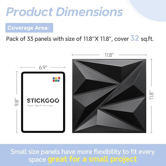 STICKGOO Black Diamond 3D Wall Panels, 12''x12'', 33 Pack | PVC Accent Wall Panels for Interior Wall Decor, Living Room, Bedroom, TV Background, Lobby, Cover 32.Sq.Ft - Image 6