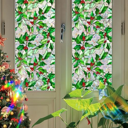 Christmas Window Film Christmas Green Window Clings DIY Glass Art Decoration Xmas Red Berry Designs Privacy Film Stained Glass Window Film Windows Sticker for Holiday Bedroom Door Decor - Image 5