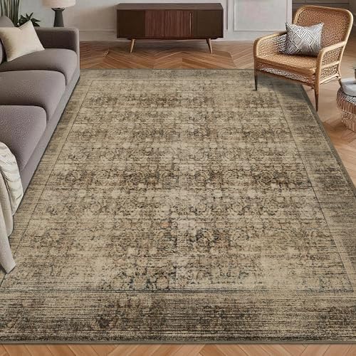 Washable Area Rug 9' x 12' Vintage Traditional Persian Mat - Foldable Distressed Non-Slip Machine Washable Carpet for Living Room Bedroom Kitchen Home Decor - Mocha and Taupe by Unknown