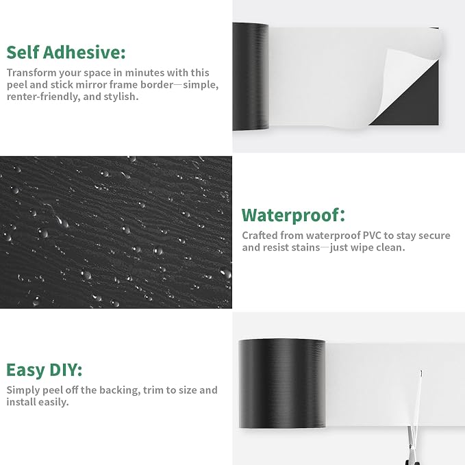 10M Peel and Stick Wallpaper Borders 390” x 4” Self Adhesive Mirror Frame Border Wood Grain DIY for Kitchen Bathroom Mirror Removal Border Sticker Wall Decor Cover 10.8 Sq.Ft, Black Wood - Image 4