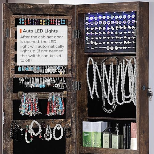 GISSAR Full Length Mirror Jewelry Cabinet, 6 LEDs Jewelry Armoire Wall Mounted Over The Door Hanging, Jewelry Organizer Storage with Lights Lockable, Vintage Brown, 14.6" x 47.2" - Image 7