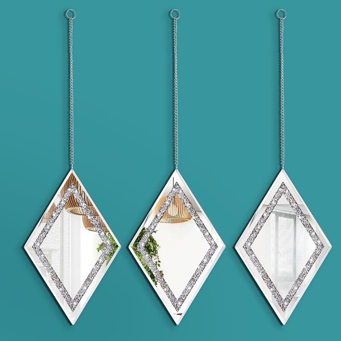 Pibeyer Silver Diamond Shaped Wall Mirror Set of 3, Decorative Crystal Crush Diamond Mirrors for Bedroom, Living Room & Hallway, Home Decor by Pibeyer