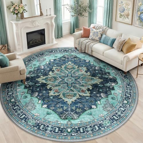 RELEANY Washable Area Rug, Round 8ft, Teal by RELEANY