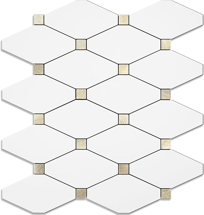 STICKGOO 1 Sheet Peel and Stick Backsplash, Pure White Marble Look PVC Mixed Metal Gold Kitchen Backsplash, Stick on Backsplash Wall Tiles for Kitchen, Bathroom, RV by STICKGOO