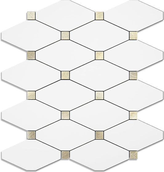 STICKGOO 1 Sheet Peel and Stick Backsplash, Pure White Marble Look PVC Mixed Metal Gold Kitchen Backsplash, Stick on Backsplash Wall Tiles for Kitchen, Bathroom, RV by STICKGOO