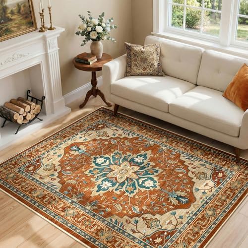 RELEANY Washable Area Rug, 4'x6', Red/Orange/Blue/Brown - Image 2
