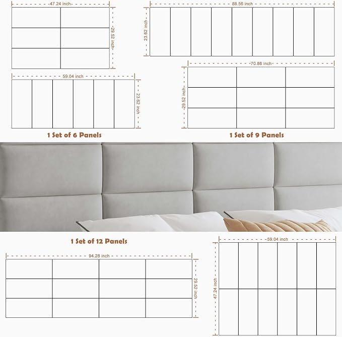 IFNOW Wall Mounted Headboard, Peel and Stick Panels, Light Grey, King | Upholstered 3D Soundproof Acoustic Panels, Reusable and Removable, Padded Leather Bed Headboard, 12 Panels, 9.84" x 23.62" - Image 6
