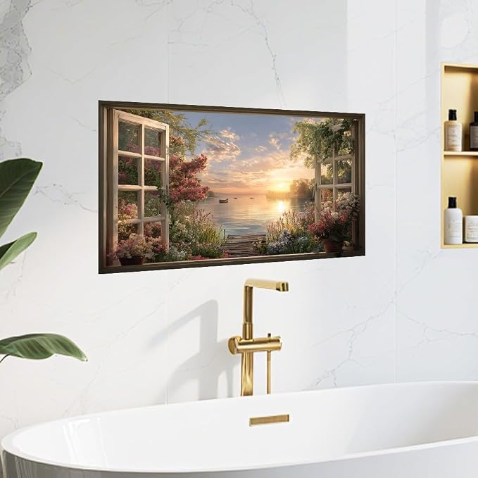 Lake Sunset Kitchen Backsplash Peel and Stick, 30x16 in | Garden window view of golden sunset over flower-lined lake with boats; flat 2D waterproof peel and stick; wipe clean - Image 8