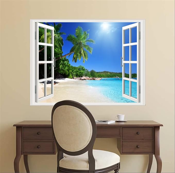 Self-Adhesive Wall Sticker Romantic Living Room Bedroom Study Office Decorative Wall Sticker Ocean Scenery Fake Window Sticker Mural (Palm Beach, 32"×48") - Image 4