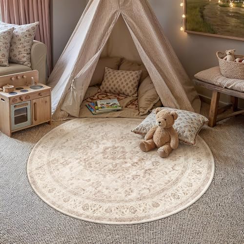 4R Beige Washable Round Rug Non Slip Vintage Carpet - Image 2