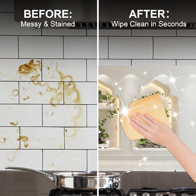 Bonsai Zen Niche Kitchen Backsplash Peel and Stick, 30x16 in | Three arched niches with bonsai and trailing vines under warm LED light; flat 2D waterproof peel and stick; wipe clean; 30x16 - Image 6