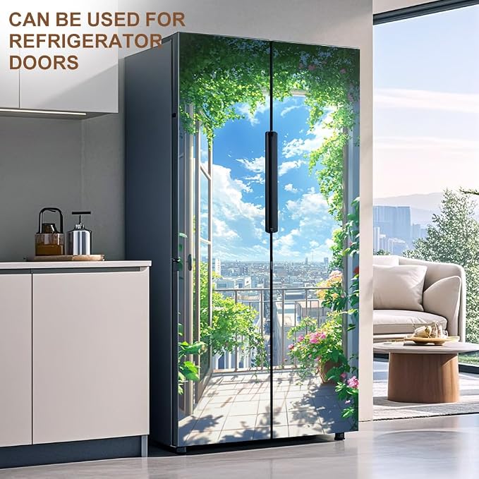 Scenic Balcony Door Mural 30.3x78.7 Inch Garden City View Door Cover | Waterproof PVC, 30.3" W x 78.7" L; scenic balcony design for bedroom, living room, office, entryway or closet door. - Image 7
