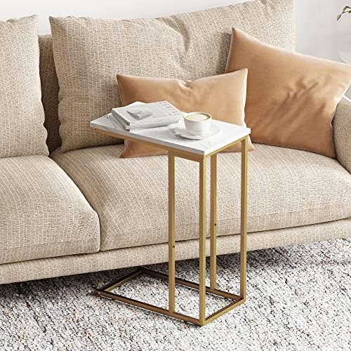 Yusong C Shaped End Table, Couch Side Table that Slide Under Sofa Bed, Small Table for Small Spaces, Skinny Overbed Table for Coffee Drink Snack, Living Room, Gold and White Marbled Wooden Top - Image 4