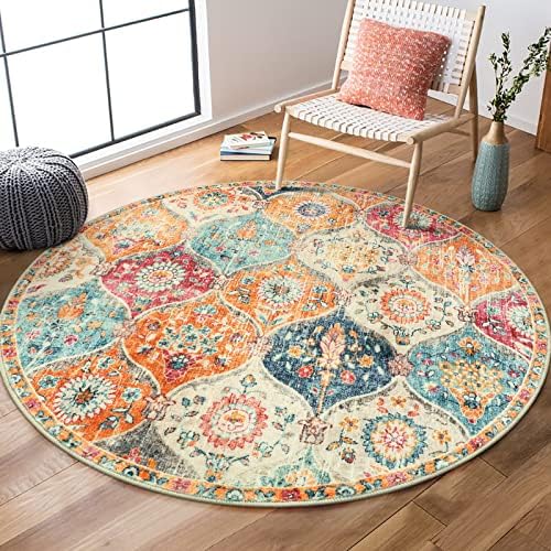 Lahome Moroccan Washable Circle Rug, Soft Vintage Round Rug 4ft, Distress Round Carpet for Entryway Bathroom Kitchen Bedroom, Non Slip Low Pile Stain Resistant Elise, Burnt Orange by Lahome