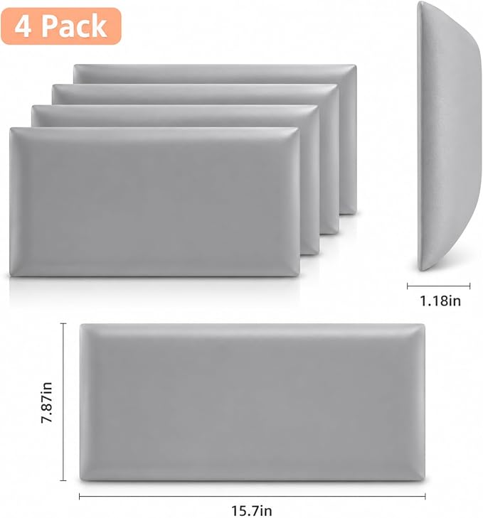 Anti Collision Wall Padding for Kids, Upholstered 3D Wall Panels | 4 Packs 7.8'' x 15.7'' Peel and Stick Headboard, Self Adhesive Wall Pads for Kids, Bedroom, Living Room, Gray - Image 3