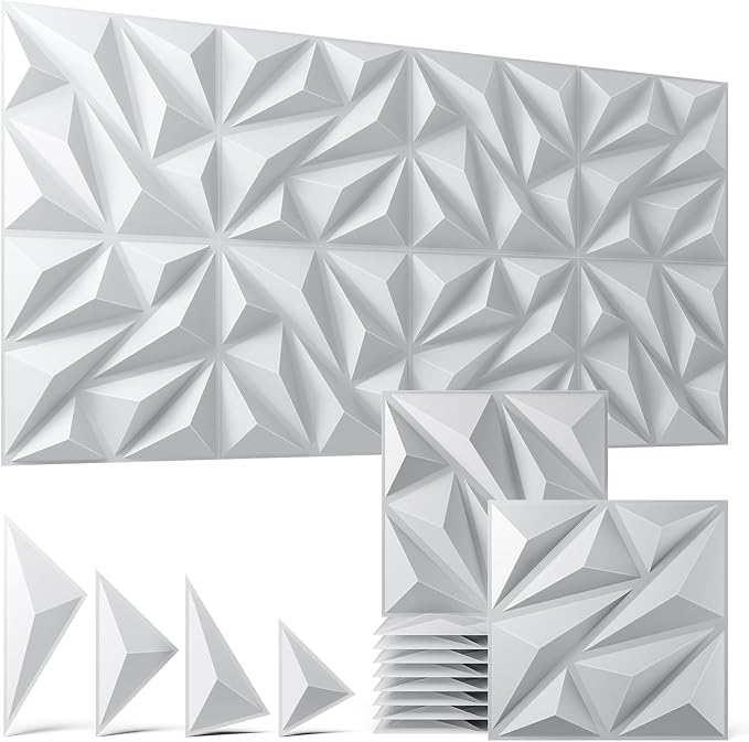 3D Wall Panels White 48 Pack (Covers 46.5 Sq.Ft), 12" x 12" Diamond Texture Premium PVC Wall Tiles for Interior Decor, Waterproof & Paintable Accent Paneling for Gaming Room, Living Room by ZELMINE