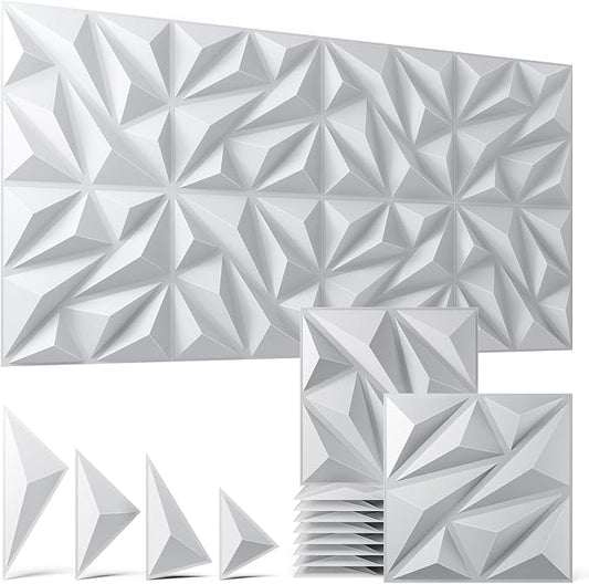 3D Wall Panels White 32 Pack (Covers 31.5 Sq.Ft), 12" x 12" Diamond Texture Premium PVC Wall Tiles for Interior Decor, Waterproof & Paintable Accent Paneling for Gaming Room, Living Room by ZELMINE