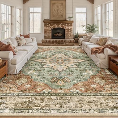 RELEANY Washable Area Rug, Large 10'x14', Brick/Brown/Green - Image 2