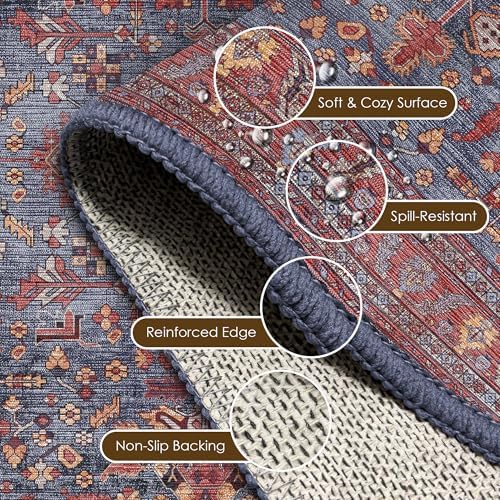 Washable Area Rug 4' x 6' Vintage Traditional Persian Mat - Foldable Distressed Non-Slip Machine Washable Carpet for Living Room Bedroom Kitchen Home Decor - Indigo and Crimson - Image 6