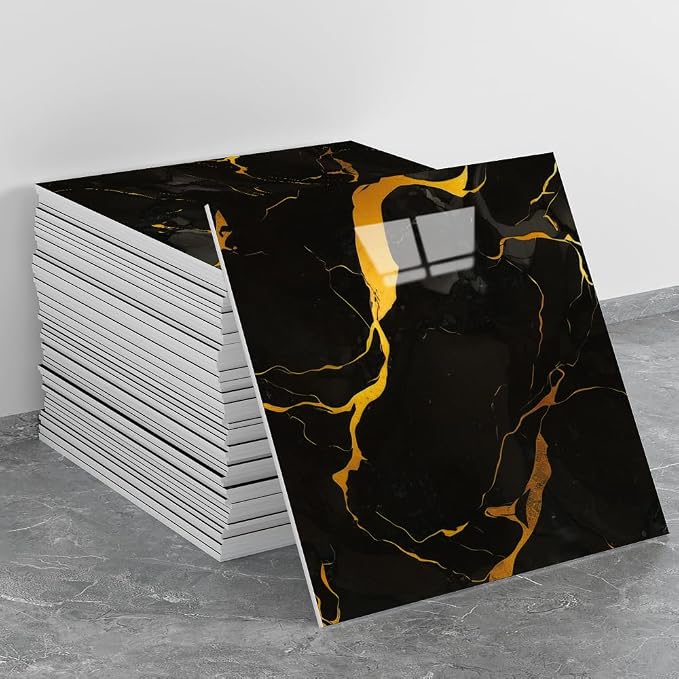 20pcs Black-Gold Marble Peel and Stick Shower Wall Panels | (11.8"x11.8",Total 19.4 Sq.Ft.) Waterproof,Backsplash Tile,Stick on Wall,for Bathroom,Bedroom,Kitchen,Entryway,TV Wall by LVSHI
