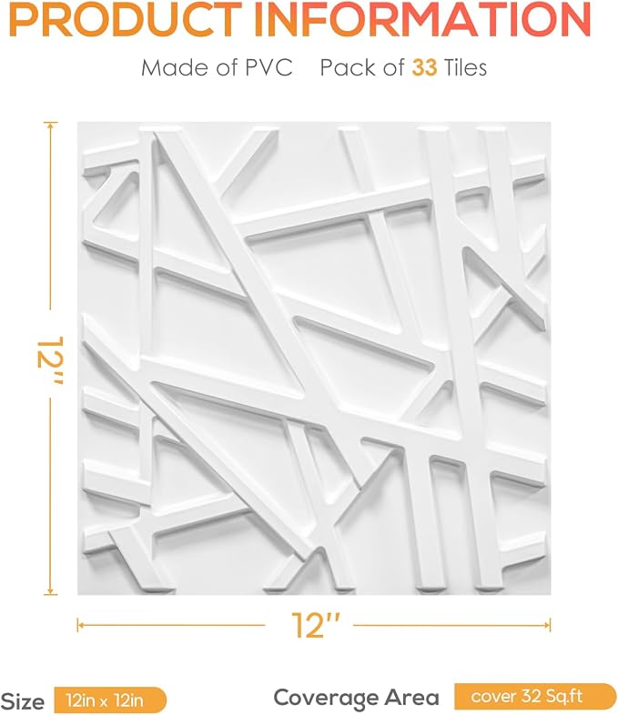 LEVOWAY 33 Pack 3D Wall Panels for Interior Wall Decor, 12''x12'' White Accent Textured Wall Panels, Wall Covering Panles for Living Room, Gaming Room, TV Background, Cover 32 Sq.Ft - Image 5