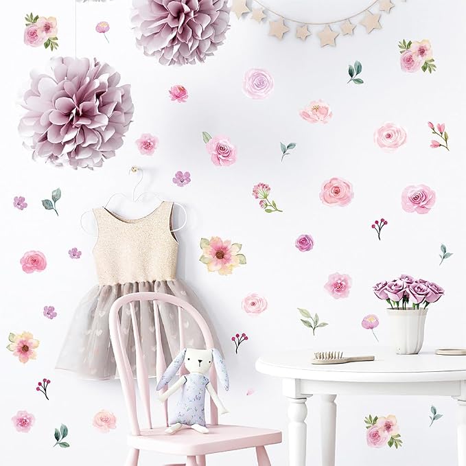 120+ PCS Aesthetic Peel & Stick Watercolor Pink Flower Wall Decals Set | 8 Sheets Removable Rose & Peony Floral Wall Stickers for Bedroom, Girls Room, Living Room & Wedding Backdrops Decor - Image 6