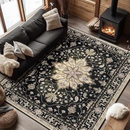 RELEANY Washable Area Rug, 6'x9', Black/Neutral by RELEANY