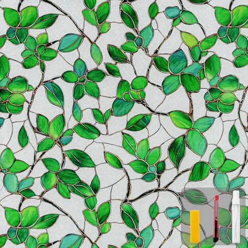 Window Privacy Film Stained Glass Window Film Frosted Window Film Window clings Non-Adhesive Reusable Decorative for Home Removable (Green Frosted, 23.6 X 78.7 in) by QHYsunshine
