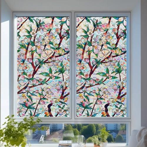 Retro Flowers Window Privacy Film, Magnolia Stained Glass Decorative Window Film for Glass, Rainbow Stained Window Cling Sticker Floral Removable Static Cling for Window (1, Peach Flower, 17x118.1in) - Image 5