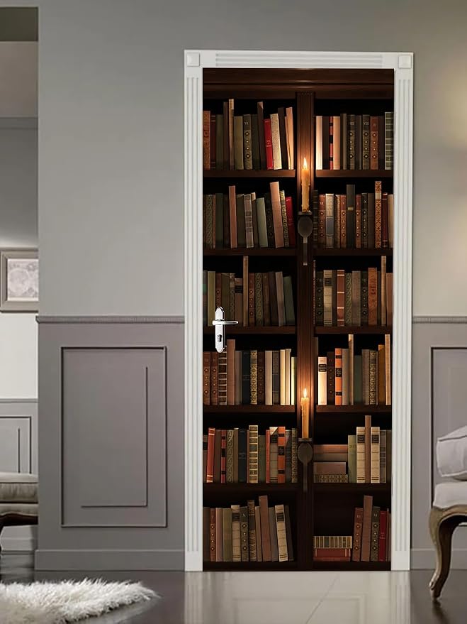 artfanke 3D Retro Book Shelf Door Sticker Peel and Stick 33.5"x84.6" - Self-Adhesive Door Murals Wallpaper Waterproof PVC Wall Decal for Bedroom Decor (2 Sheets/Set) - Image 2