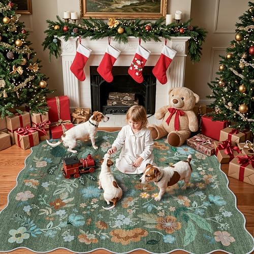 Floral Square Area Rug for Family: Washable 5x5 Scalloped Carpet for Living Room Bedroom Soft Water Resistant Floor Mat with Non Slip Backing for Kitchen Nursery Farmhouse Home Decor(5x5,Floral/Green) by HYHAOYUNLAI