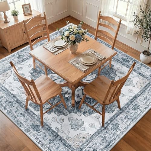 RELEANY Washable Area Rug, Square 7'x7', Grey/White/Beige by RELEANY