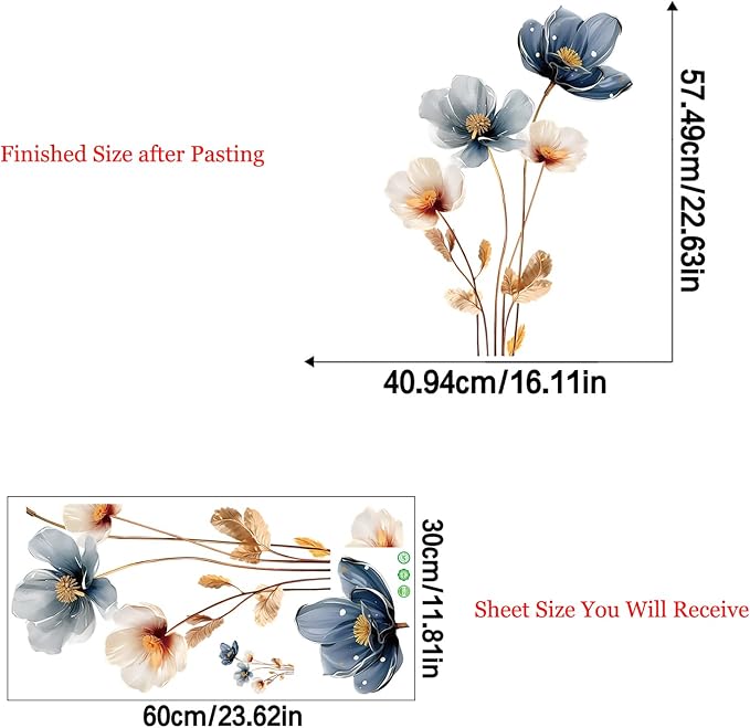 Gold Leaf Blue Flower Wall Decal PVC Wall Sticker Vintage Watercolor Floral Wall Art for Living Room Bedroom Home Decor - Image 9