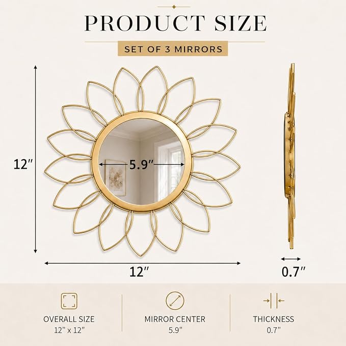 Gold Flower Mirror Set of 3, 3PCS Metal Round Decorative Wall Mirrors, Floral Petal Accent Mirror Wall Decor for Living Room, Bedroom, Entryway & Bathroom - Image 2