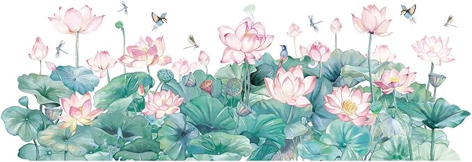 Watercolor Pink Lotus Wall Decals Chinese Style Water Lilies Wall Stickers Vinyl Removable Birds and Dragonflies Art Murals for Living Room Bedroom Office Girls Room Playroom Bathroom Wall Decoration - Image 8