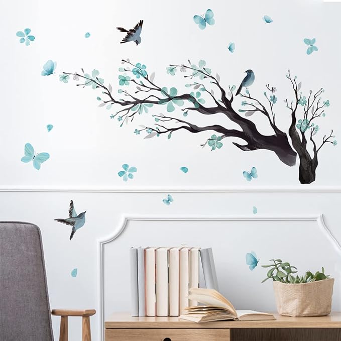 Watercolor Blue Flower Wall Stickers,Removable DIY Romantic Blossom Bird Tree Branch Wall Murals 3D Wall Art Stickers Home Decor for Gilrs Bedroom Nursery Rooms Living Room - Image 5