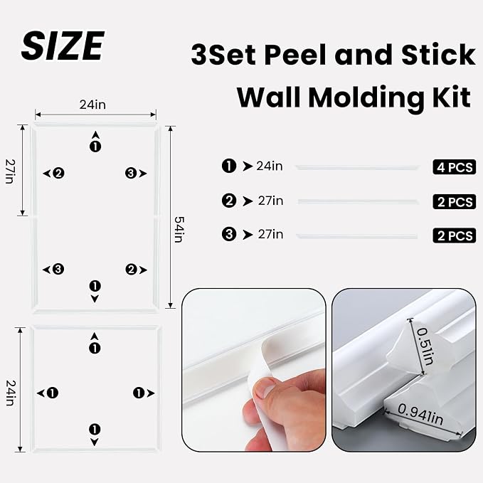 3 Sets Framed Premade Peel and Stick Wall Molding Kit – Pre-Cut Wainscoting Panels Set, Self-Adhesive Installation for Living Room, Bedroom Accent Wall Decor（54 * 24IN-24 * 24IN） - Image 2