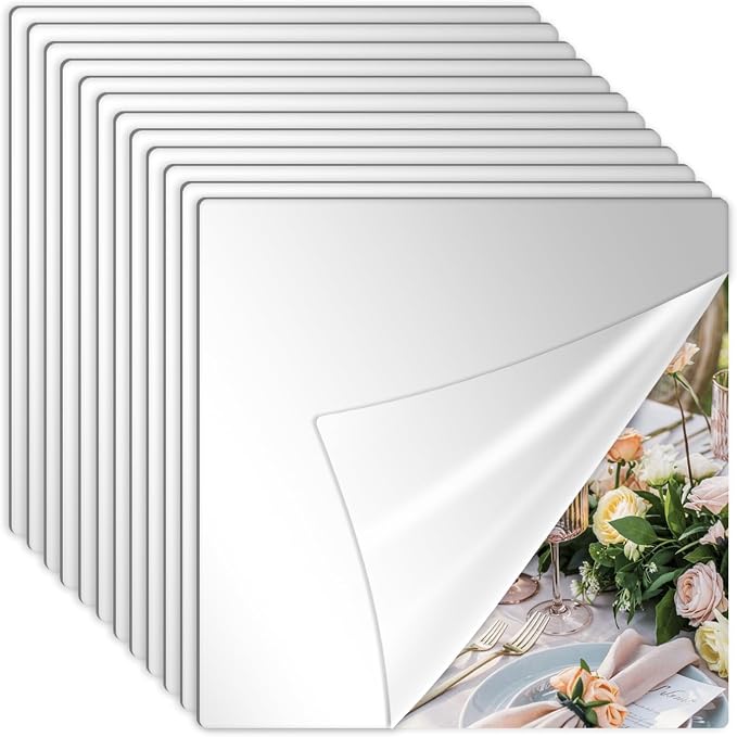 12PCS Square Acrylic Mirror Tiles, Mirror Sheets for Walls Decor, Square Mirror Centerpieces for Tables, Wall Mirror Full Length, for DIY Crafts Centerpieces Home Wall Table Ceiling Decor (10inch) by Cunnikku