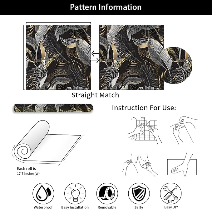MuralPeel Black Gold Tropical Plant Leaf Modern Dark/Black/Grey Peel and Stick Wallpaper Self Adhesive Removable Easy Peel Off Contact Stick on Wall Paper for Bedroom Renter - Image 7