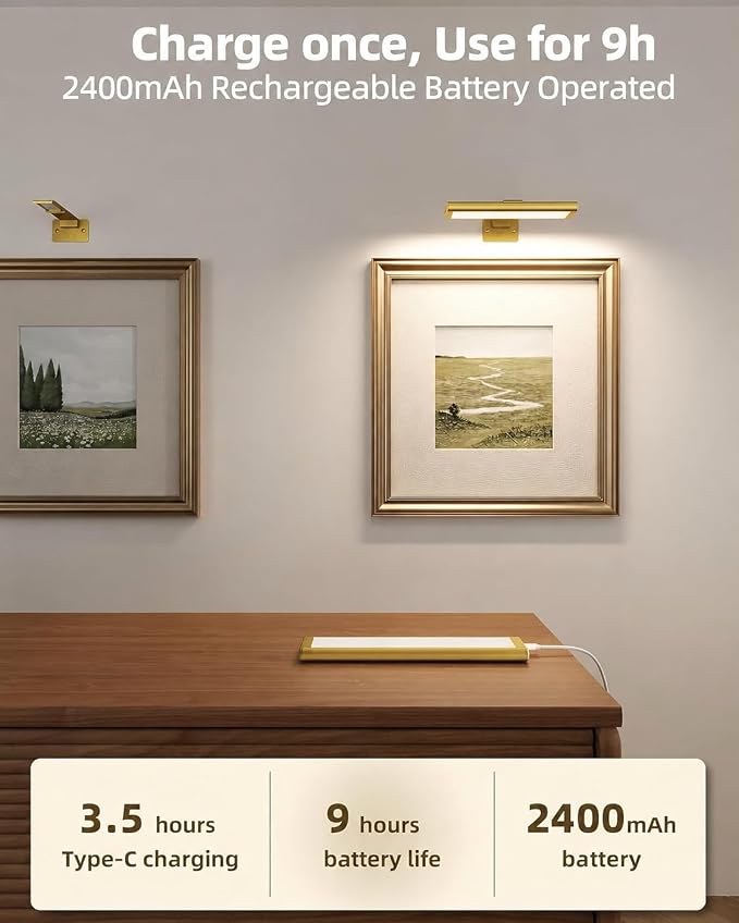 EZVALO Picture Light for Wall, Rechargeable 2400mAh Gold Lights Wireless with IR Remote, 3 Color & Dimmable Magnetic 7.87'' LED Lights Display for Painting, Living Room, Gallery, Bedroom Art (2P) - Image 5