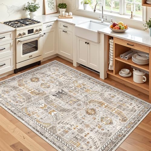 Madane Area Rug 3x5, Washable Vintage Entry Rugs for Bedroom, Brown/Gold - Image 2