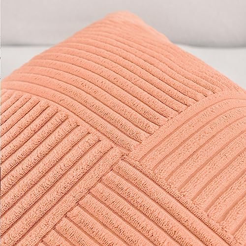Fancy Homi 2 Packs Peach Samll Decorative Throw Pillow Covers 12x12 Inch with for Couch Bed Sofa, Rustic Farmhouse Boho Home Decor, Soft Corss Patchwork Corduroy Cute Square Cushion Case 30x30 cm - Image 3