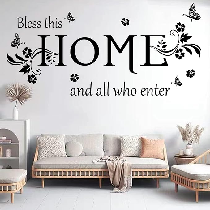 Black Vinyl Wall Sticker Wall Word Quotes Bless This Home and All who Enter Wall Decals Flowers Butterfly Wall Decor Sticker for Entryway Living Room Home Decor. by CASADECOR