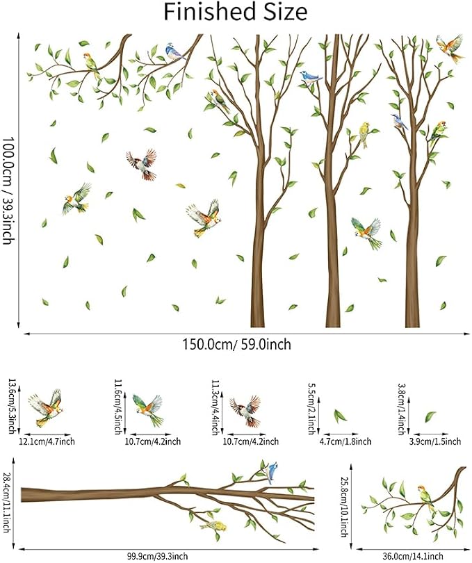 Family Tree Wall Sticker Green Leaf Birds Wall Art Decor Large Tree Branch Wall Decal Peel and Stick Woodland Animals Wall Sticker for Bedroom - Image 6