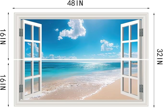 Fake Window Poster Wall Art Sticker - Summer Beach Faux Window Wall Mural for Wall Decor, Stick and Peel Wall Decals,48"x32",Set of 2 Sheets - Image 6