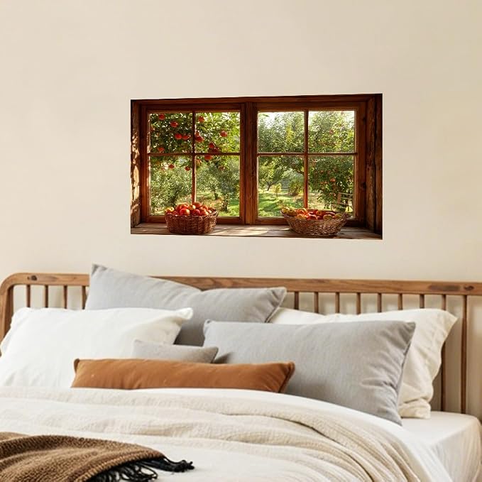 Apple Orchard Kitchen Backsplash Peel and Stick, 30x16 in | Wood frame window view of apple orchard with harvest baskets; flat 2D waterproof peel and stick; wipe clean; 30x16 in - Image 7